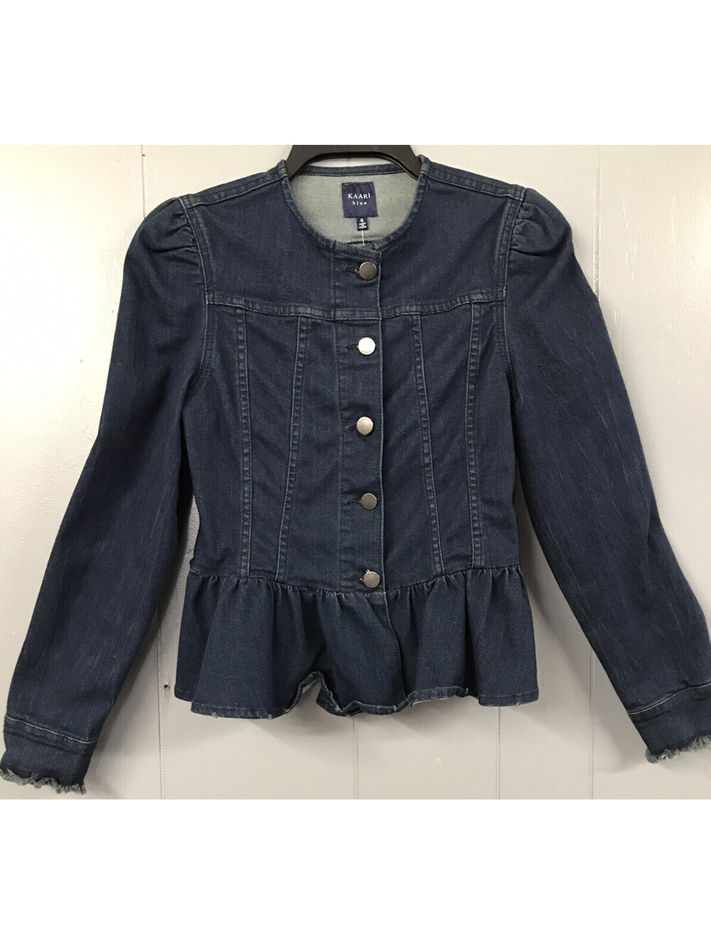 KAARI blue Jean Jacket. Dark Wash. Peplum. Fringe Sleeve Ends. Size Small.  NWT.